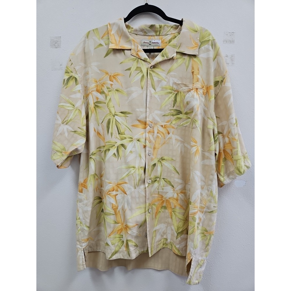 Tommy Bahama Hawaiian Shirt Mens XL Yellow Bamboo Floral 100% Silk Camp Aloha